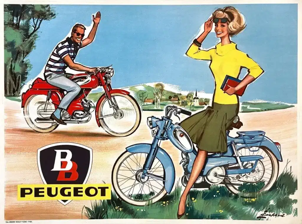 Affiche publicitaire vintage d'une moto Peugeot des années 1920