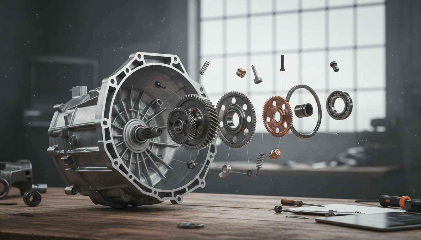 découvrez un schéma en vue éclatée d'une boîte de vitesse accompagné d'explications techniques détaillées pour mieux comprendre son fonctionnement et ses composants.